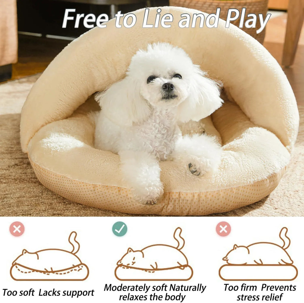 Grey slipper-shaped cat cave bed with plush lining on a wooden floor.