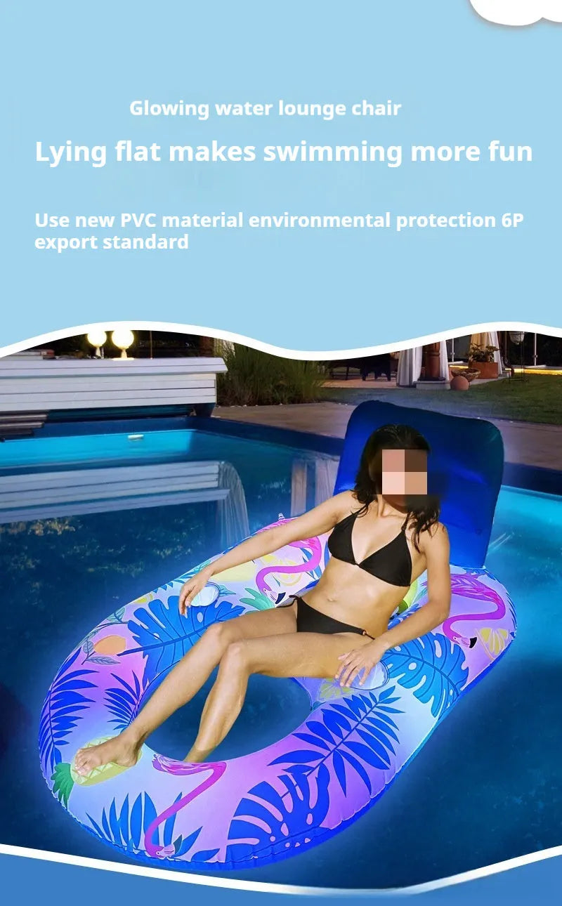 Inflatable white luminous floating bed with backrest on pool water, showing light feature and 140cm size.