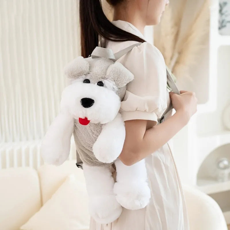 Light gray schnauzer plush backpack with ultra-light design, 45x22x20cm dimensions