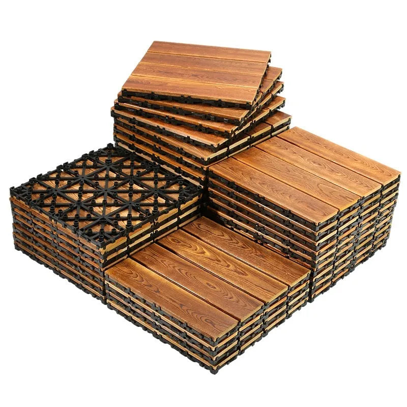 Square camphor pine wood flooring tile with brushed texture, 30x30cm, for balconies and patios.