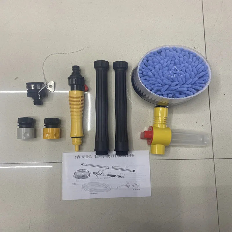 Yellow car wash mop cleaning tool with chenille brush head and water pipe connection