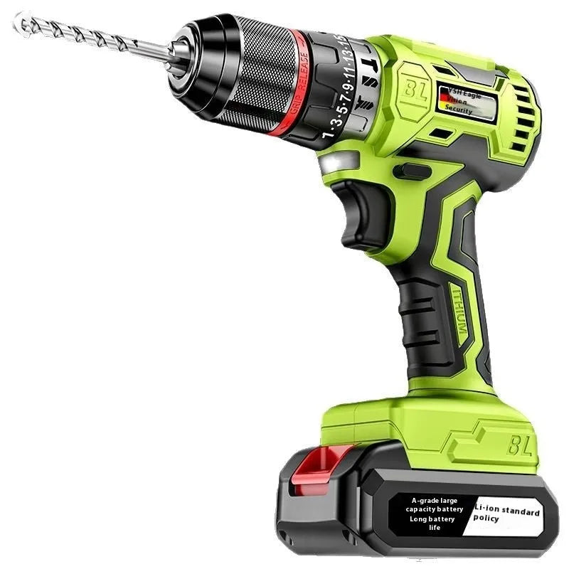 21V brushless impact drill with 10mm chuck, 150Nm torque, and two lithium batteries