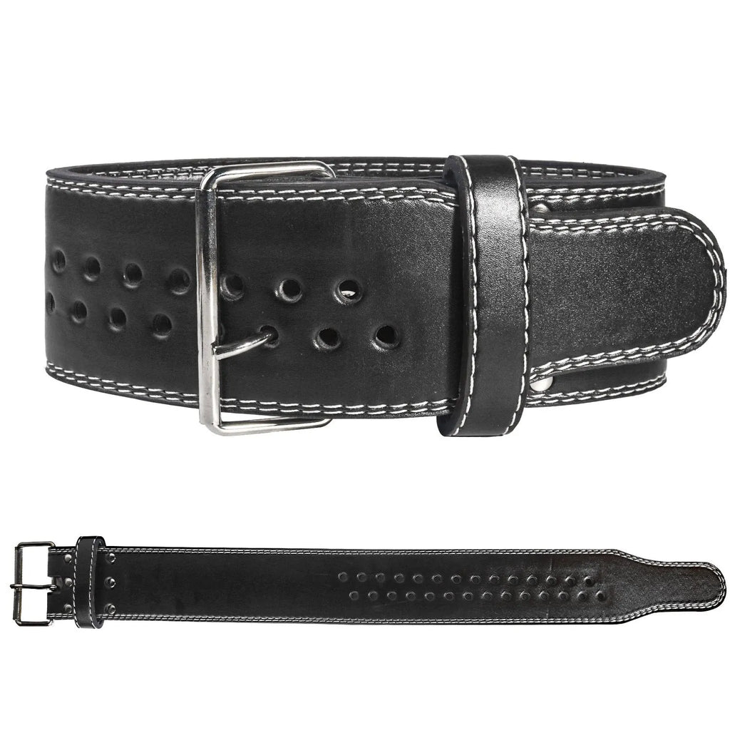 Black PU weightlifting belt with buckle, placed on gym floor for squat and deadlift training.