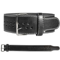 Black PU weightlifting belt with buckle, placed on gym floor for squat and deadlift training.