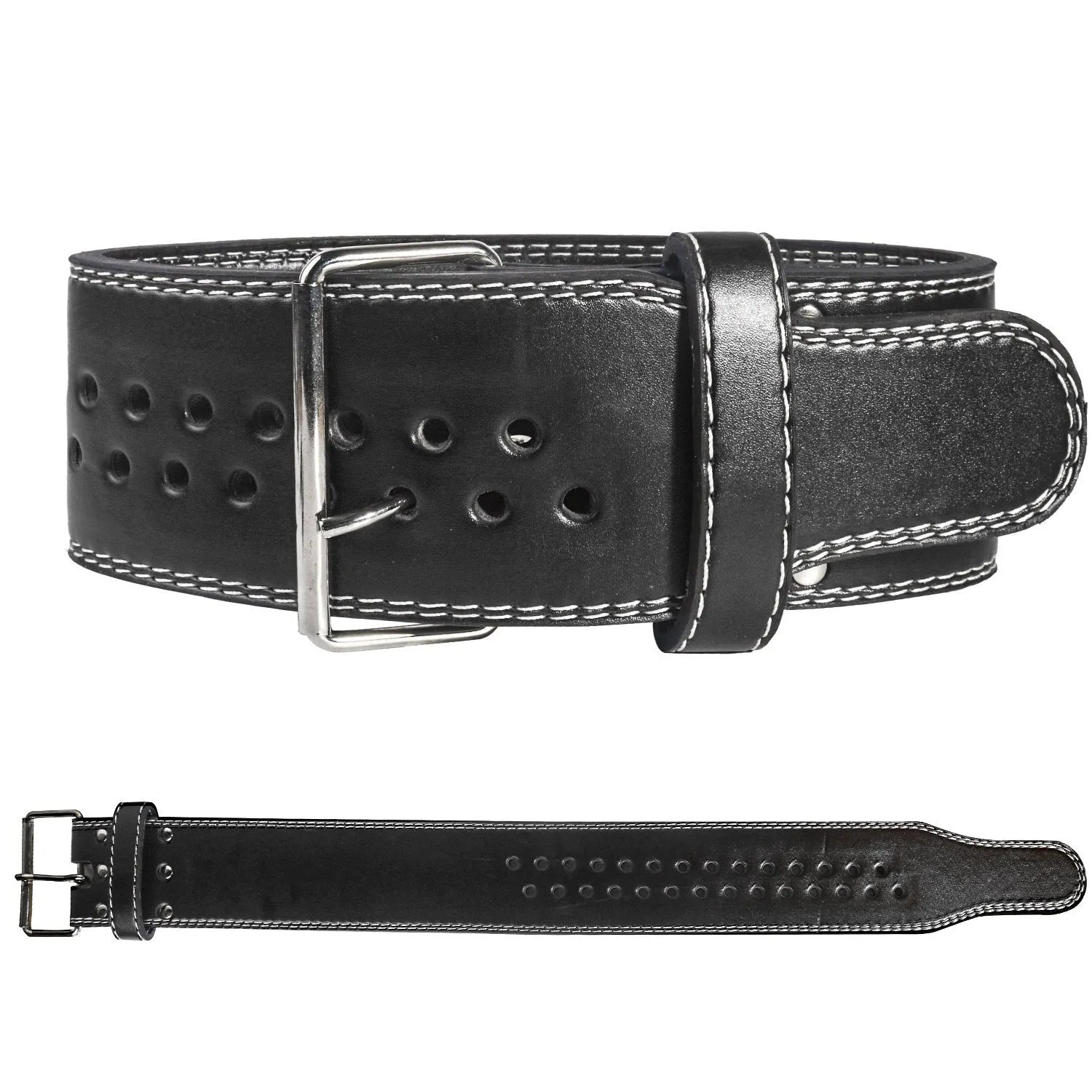 Black PU weightlifting belt with buckle, placed on gym floor for squat and deadlift training.
