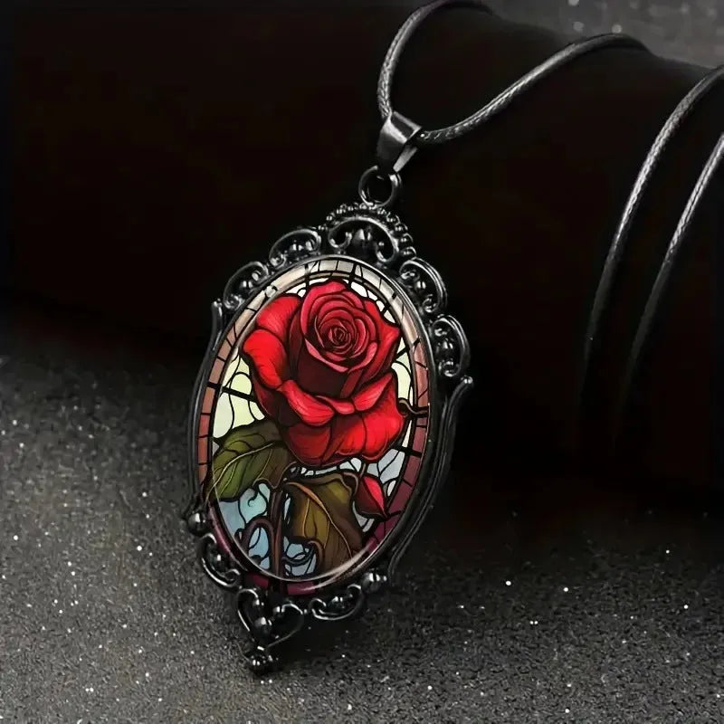 Gothic oval rose necklace for women in black with alloy chain and organic glass pendant