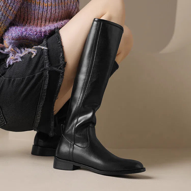 Women's round-toe mid-heel knee-high riding boots in black with cowhide leather upper, side zipper, and chunky heel