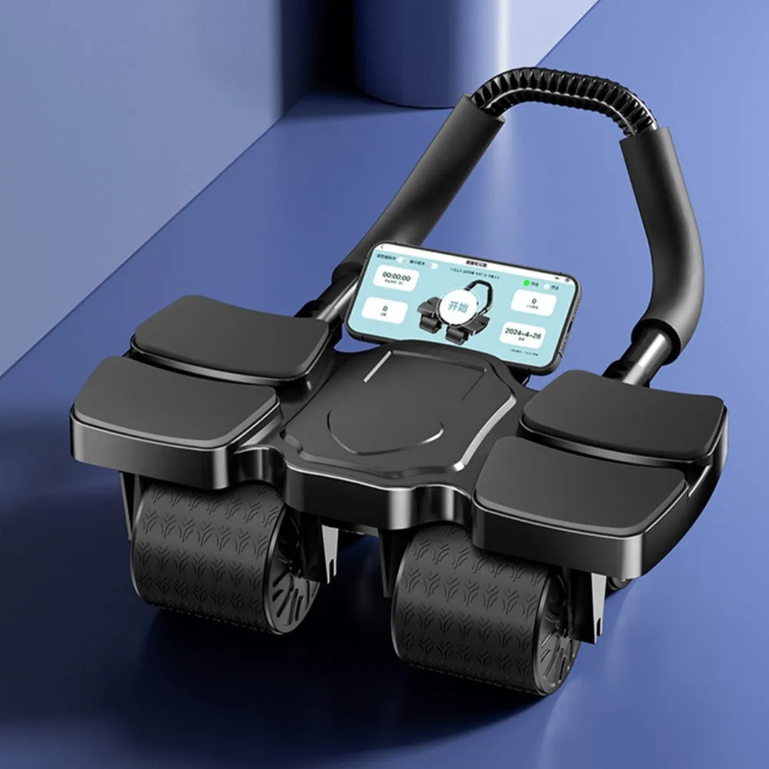 Black automatic rebound abdominal wheel with four blue polyurethane rollers and ergonomic handles on a wooden floor.