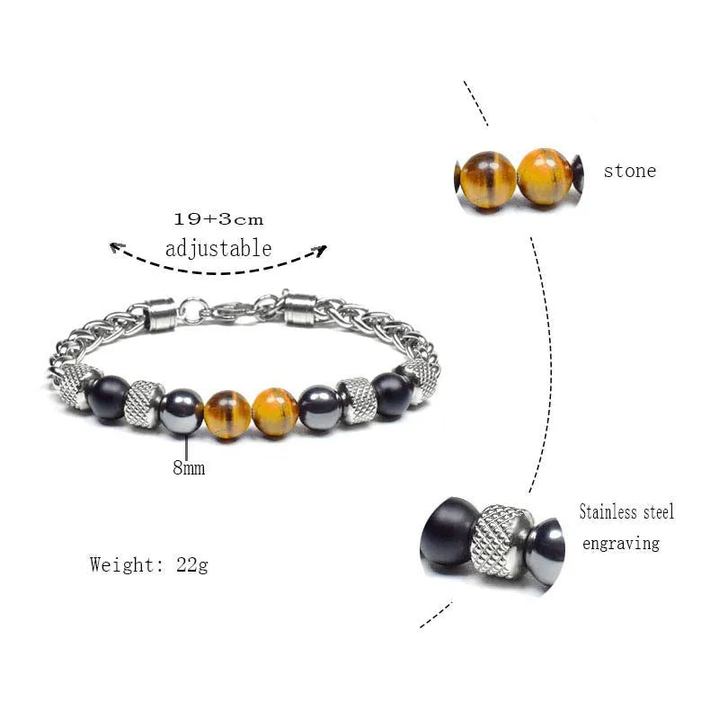 Titanium steel polished bracelet with yellow tiger eye beads and iron accents on white background