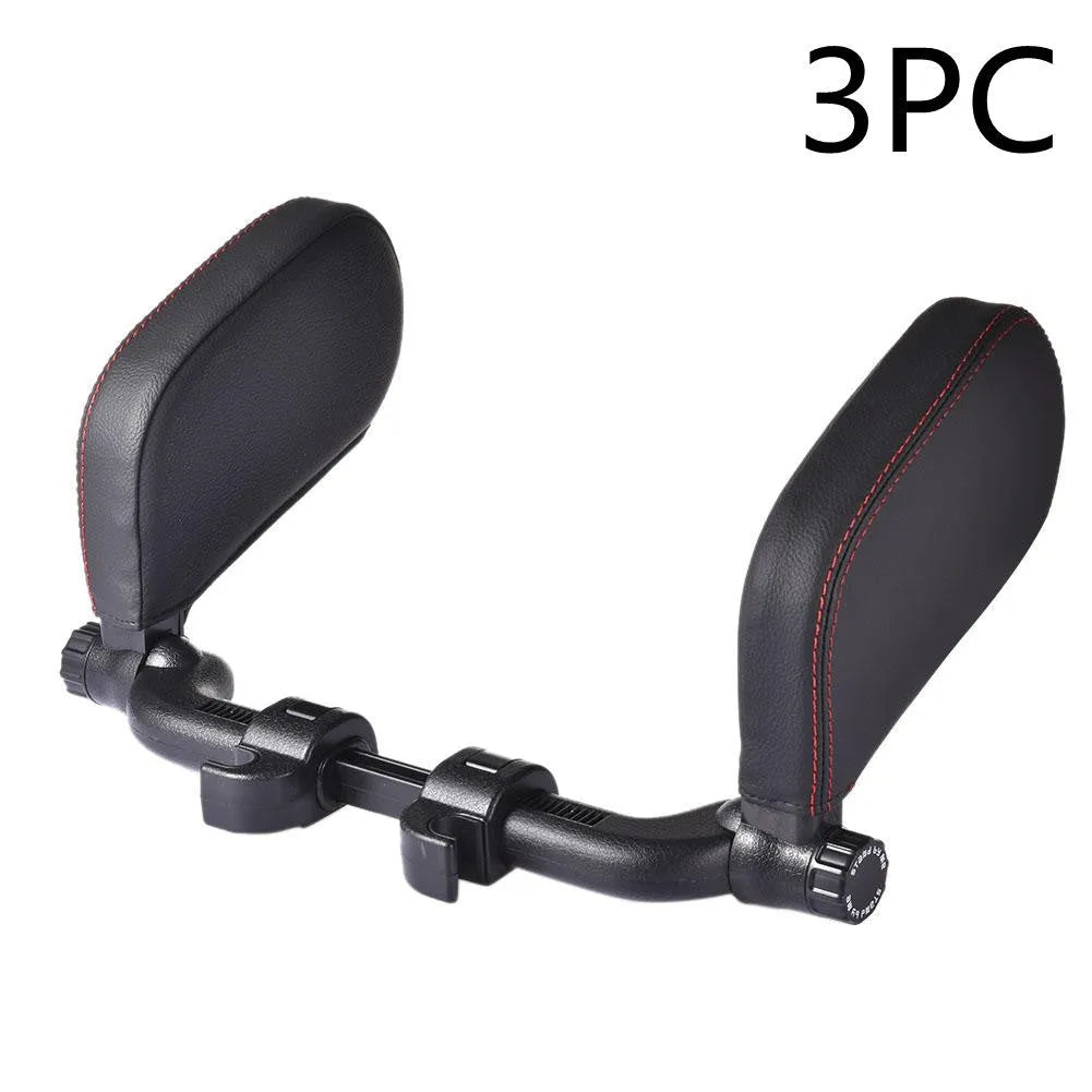 Car headrest neck pillow with memory foam padding, adjustable width and height, leather cover in black with red