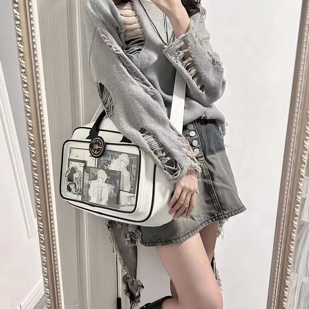 One shoulder crossbody bag PU large capacity 42x24cm black horizontal square style with outer pocket