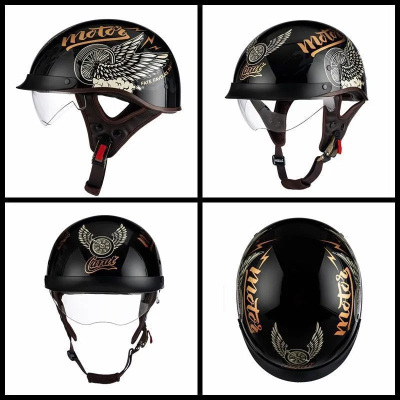 Retro full-face electric motorcycle helmet in black flywheel colour, side view