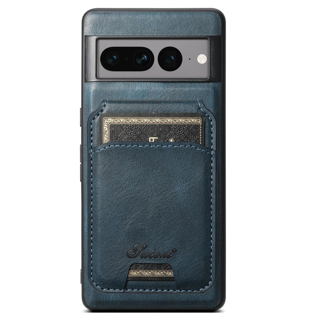 Handcrafted card-inserting magnetic phone case with stand in brown, back view showing card slot and magnetic closure, for Google Pixel 9 Pro XL