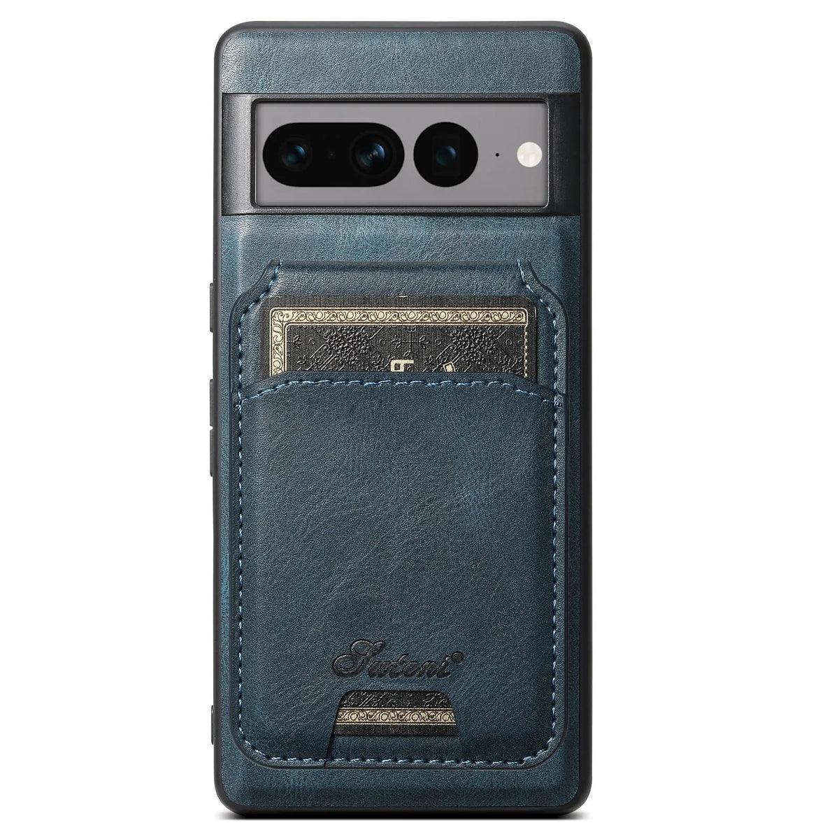 Handcrafted card-inserting magnetic phone case with stand in brown, back view showing card slot and magnetic closure, for Google Pixel 9 Pro XL