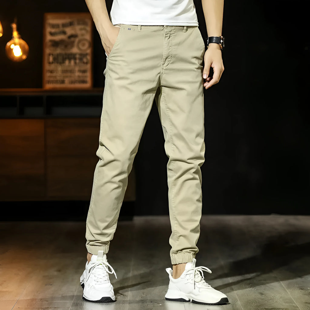 Men's khaki cotton tapered casual pants with ankle ties, mid waist and zipper fly, size 32