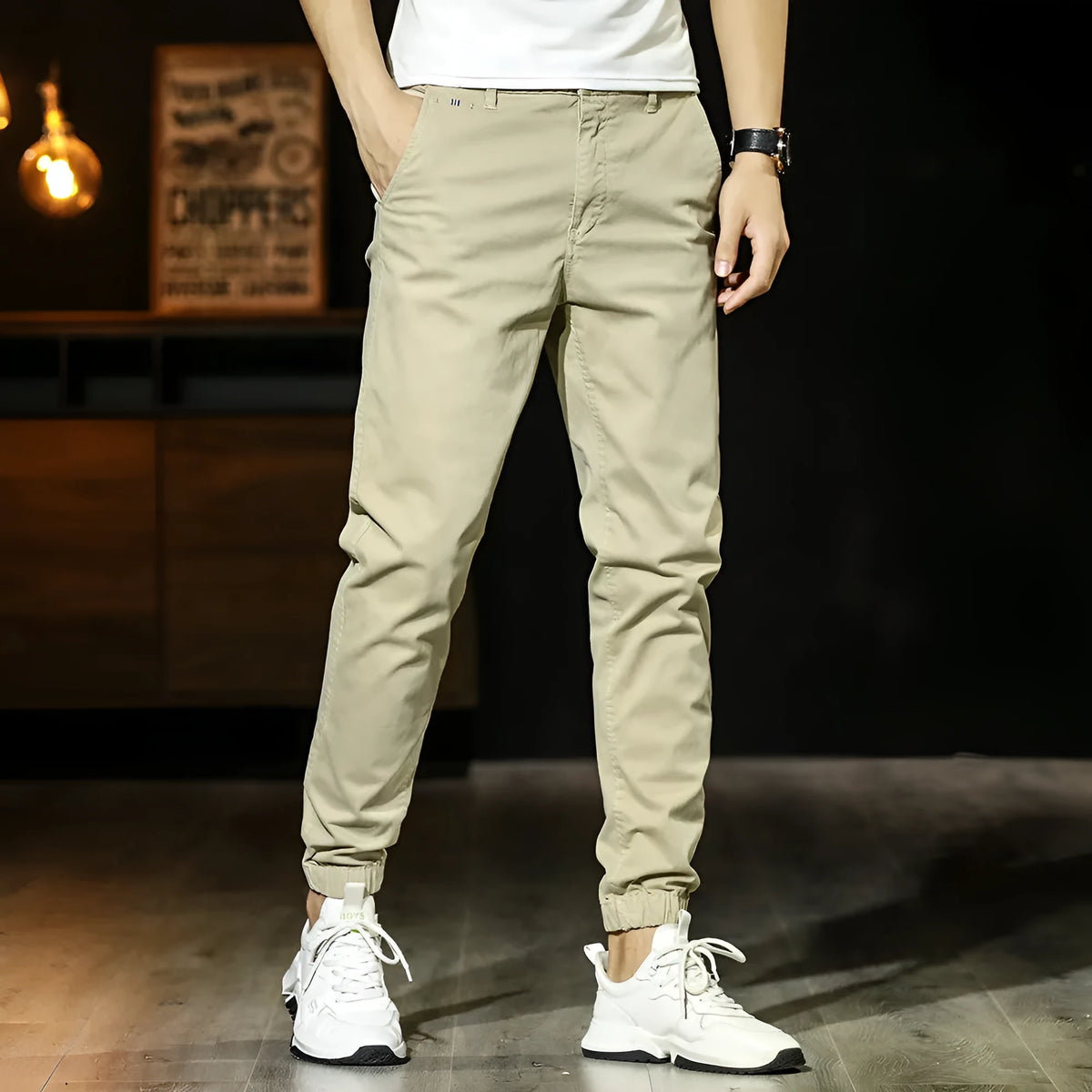Men's khaki cotton tapered casual pants with ankle ties, mid waist and zipper fly, size 32