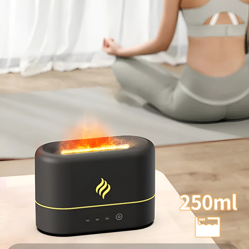 Black USB aroma diffuser with seven-colour flame LED effect and water mist.