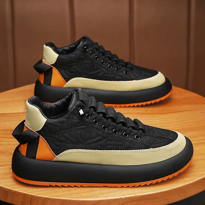 Men's casual board shoes synthetic PU upper elastic band thick sole black orange black white Milan sizes 39-44
