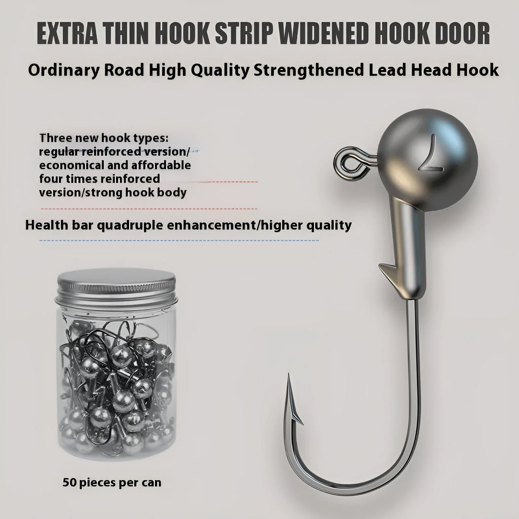A set of 50 lead-headed jig hooks with steel construction and a four-times strengthening process.