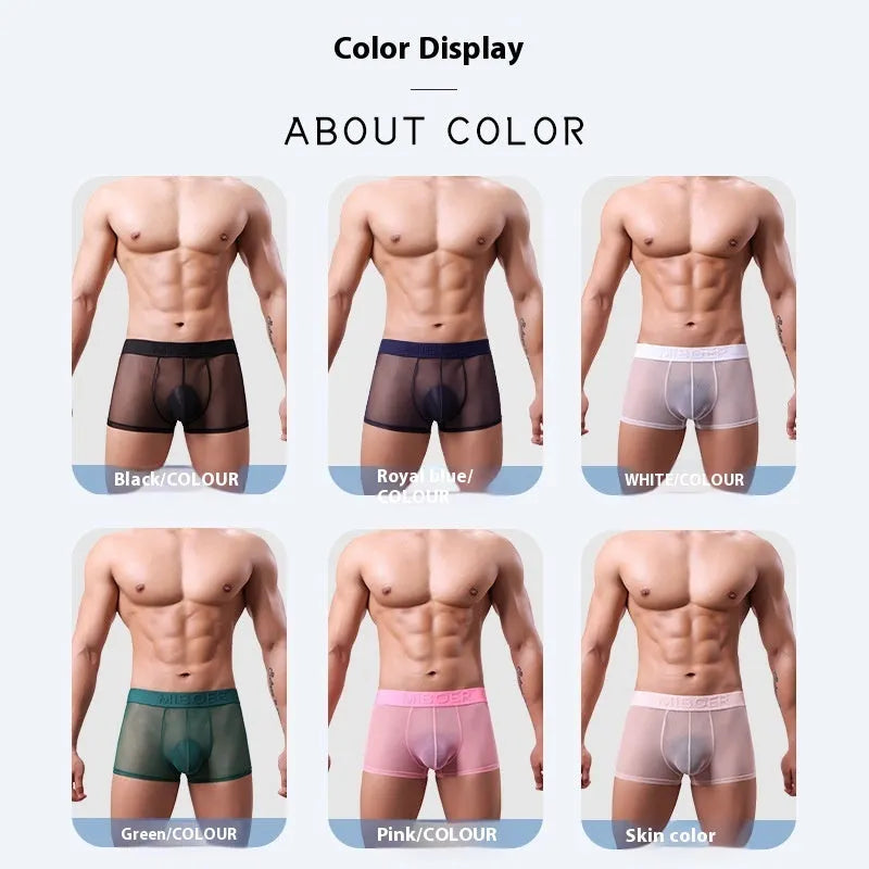Men's thin polyester boxer shorts in solid colours including black, white, blue, and pink