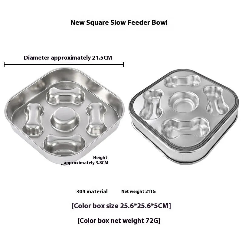 Pet square stainless steel slow feeding bowl with obstacles, Bone Square style, on a floor