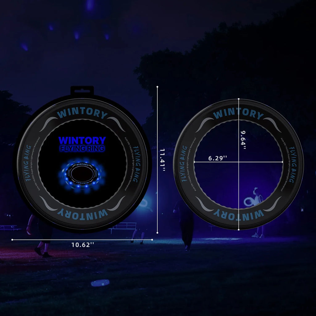 Blue LED ring flying disc toy with hollow centre, ABS plastic body, and battery-powered flash function for hand throwing.