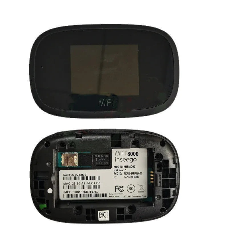 Black Full Network mifi8000 4G portable wireless router with battery and USB cable on a table