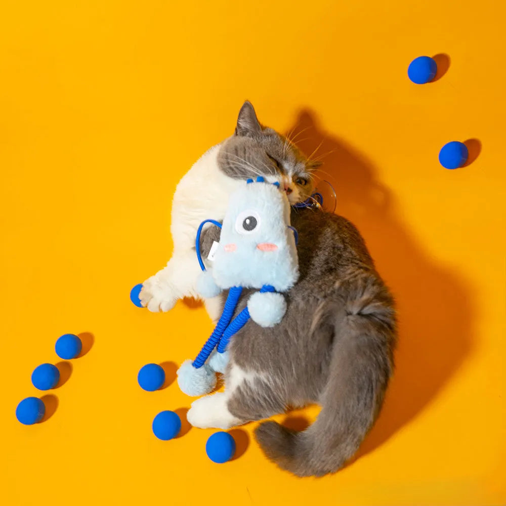 Blue cat toy with 30cm plush ring on elastic telescopic rope and mint bell attachment