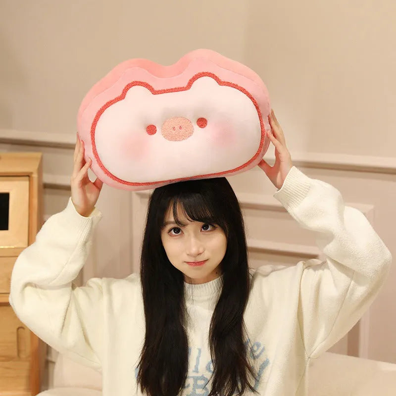 Cheese shape plush pillow 40cm in caramel kitten and strawberry pig designs