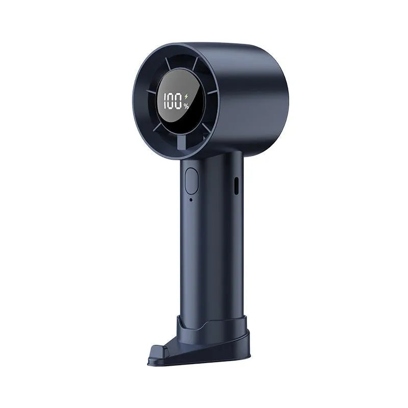 Handheld digital display fan in khaki with six speed modes and USB port