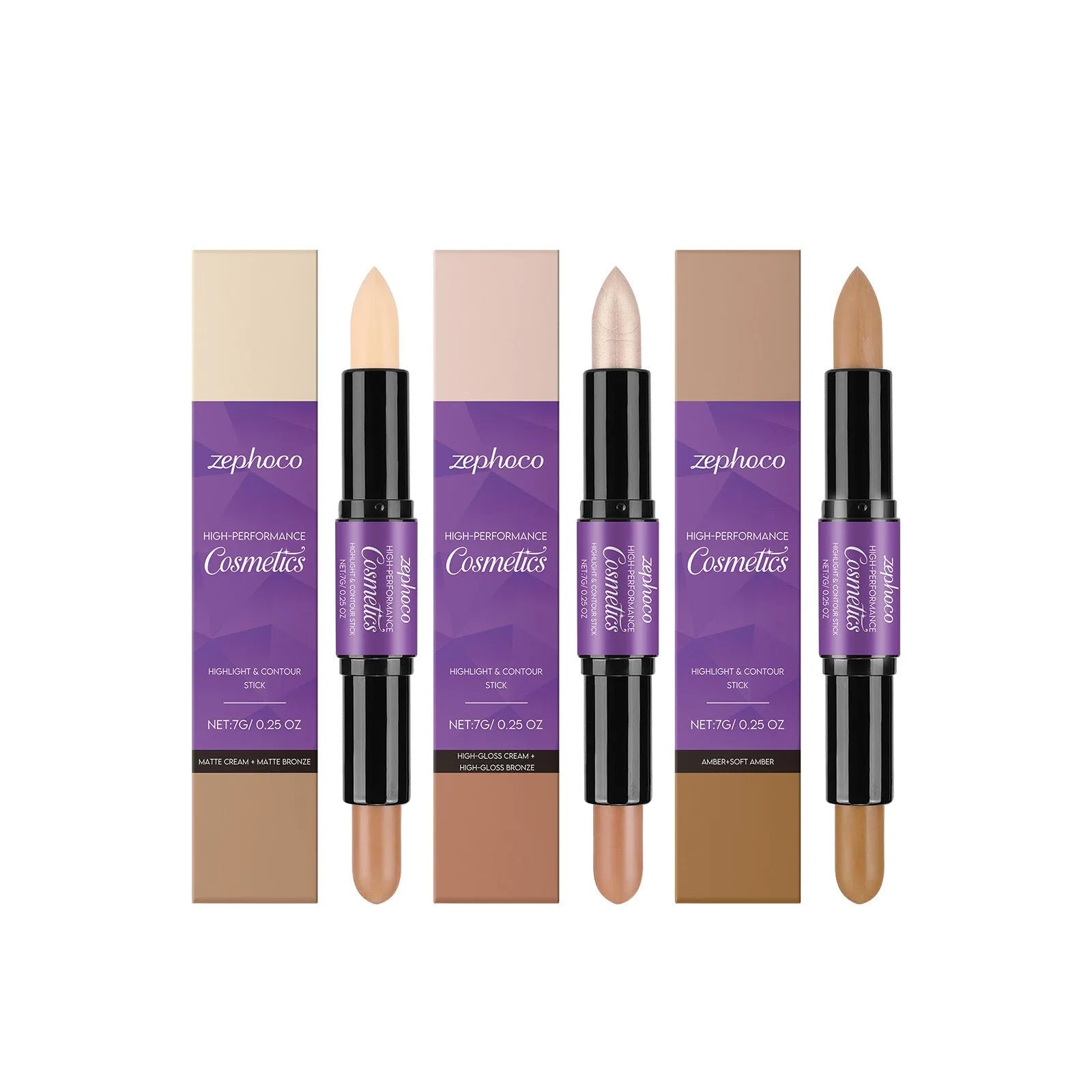 ZEPHOCO dual-ended cream highlighter and contour stick in matte bronze, amber, or high gloss bronze finish
