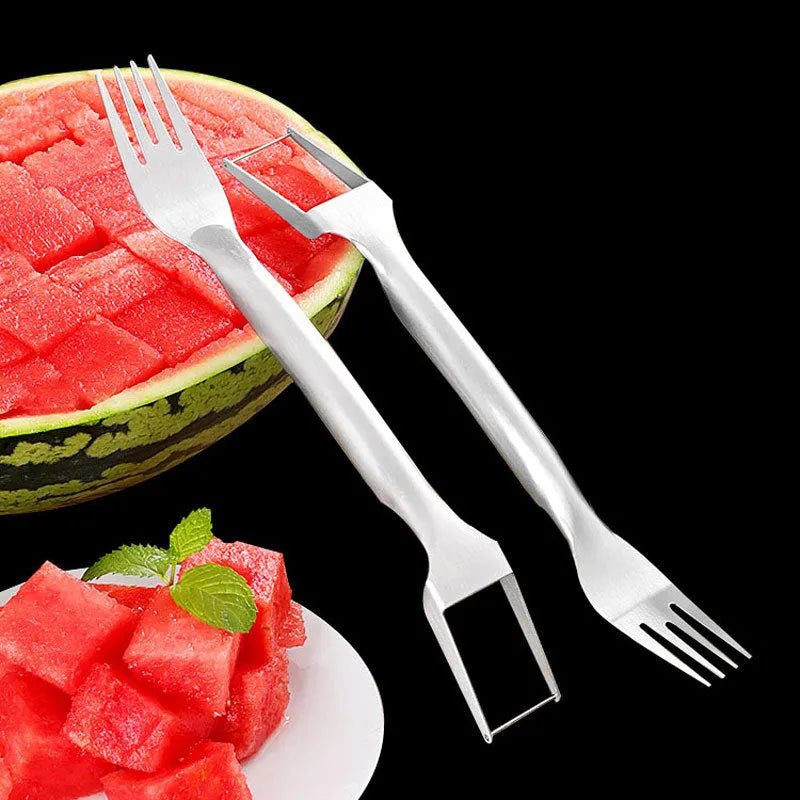 2-in-1 watermelon fork slicer made of 304 stainless steel, 26 cm long, with rounded fork head and lengthened handle