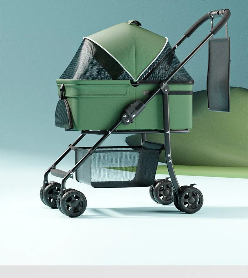 Black metal folding pet cart with removable pet car component