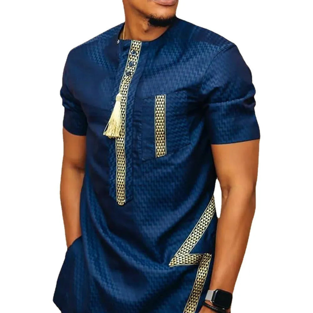 Blue ethnic style loose linen shirt with stand-up collar on mannequin, front view