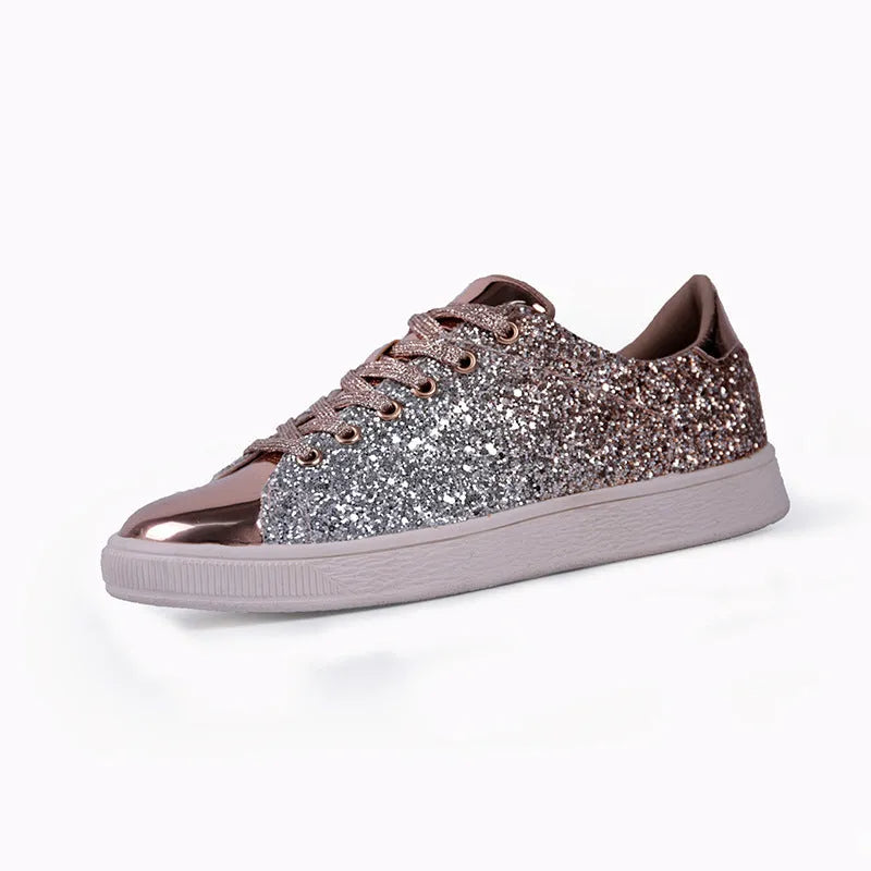 Women's low-top casual shoes with colourful sequin upper, round toe, and lace-up front in black, gold, or pink.