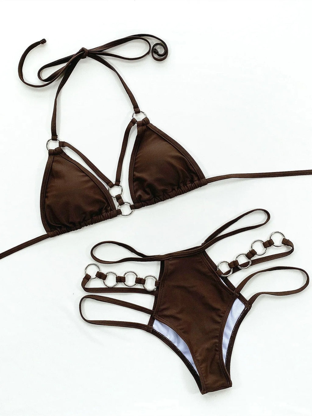 Women's pure colour nylon bikini set with separate top and shorts on a neutral background.