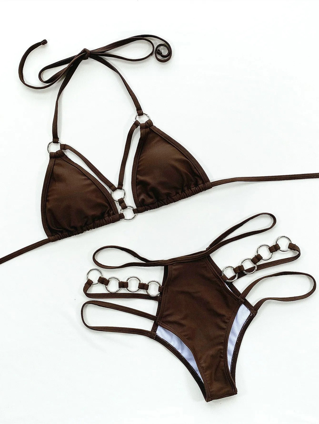 Women's pure colour nylon bikini set with separate top and shorts on a neutral background.