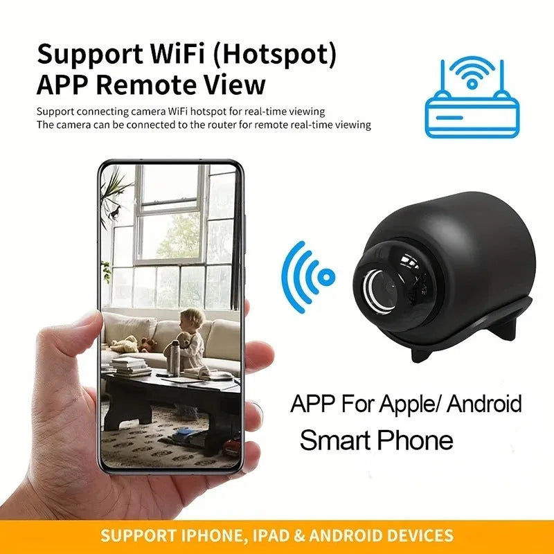 Black plastic portable wireless network surveillance camera with USB cable for indoor monitoring