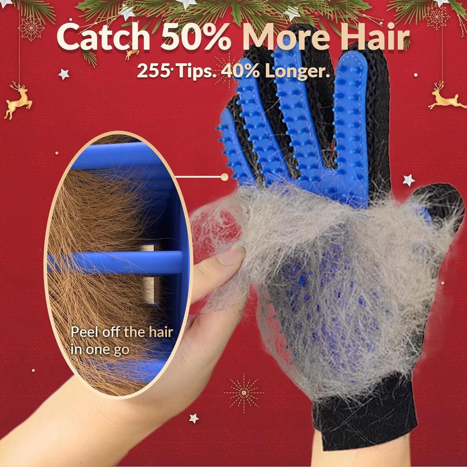 Blue silicone pet grooming glove with 255 fingertips for removing hair from dogs and cats.