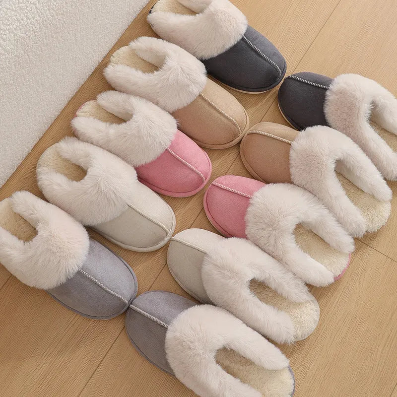 Women's brown plush indoor slippers with a round toe, flat heel, and a textured PVC sole.