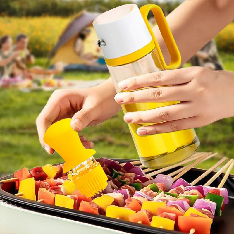 2 in 1 oil dispenser with silicone brush on wooden table against dark background