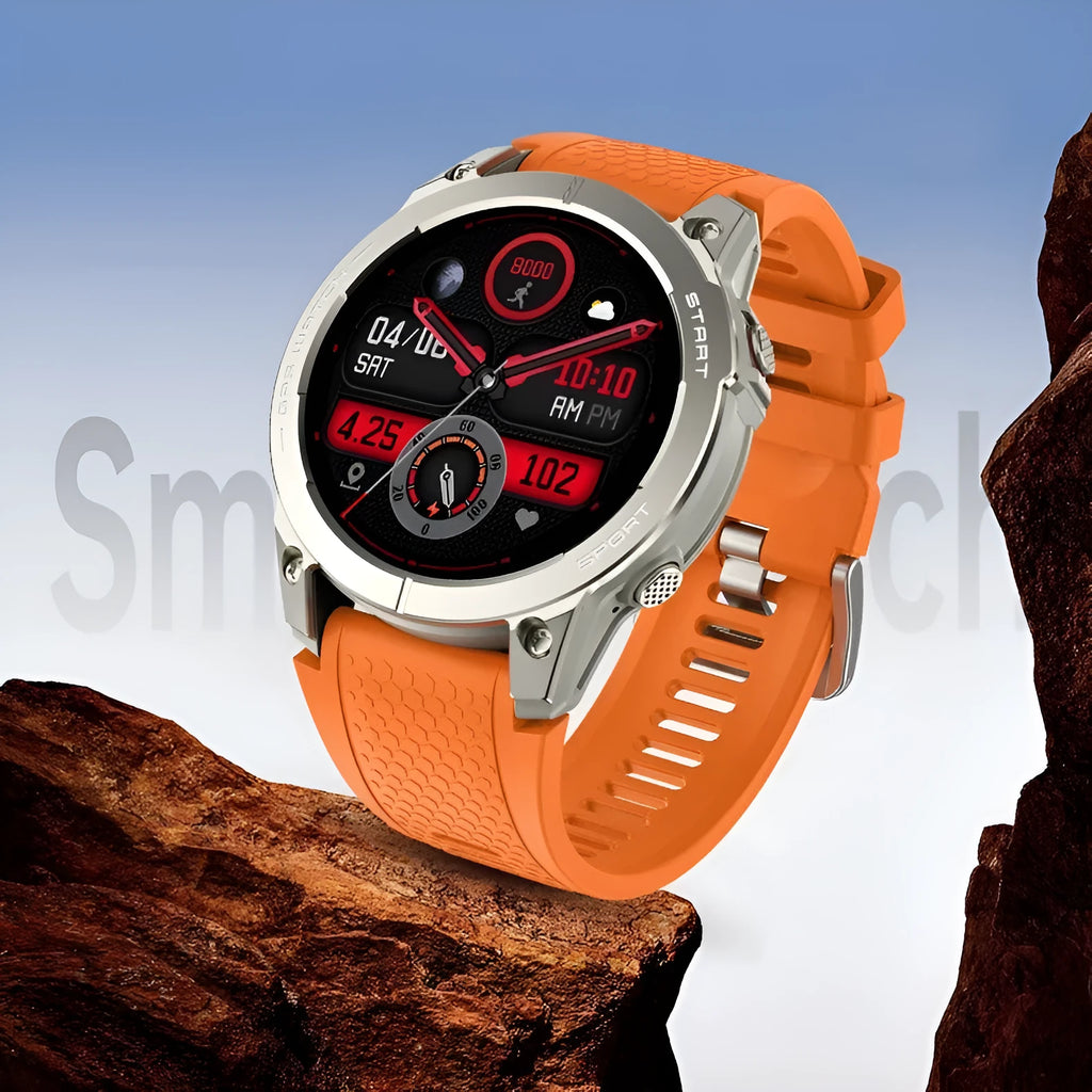 S53 Outdoor GPS Sports Call Smart Watch in black or orange with 1.43-inch touchscreen display