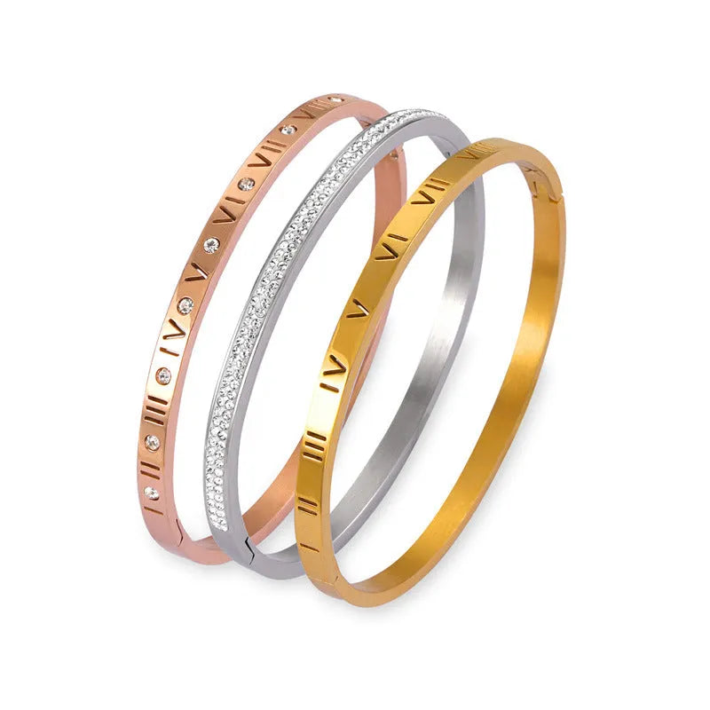 Retro Roman numeral titanium steel gold-plated bracelet with diamond accents on wrist