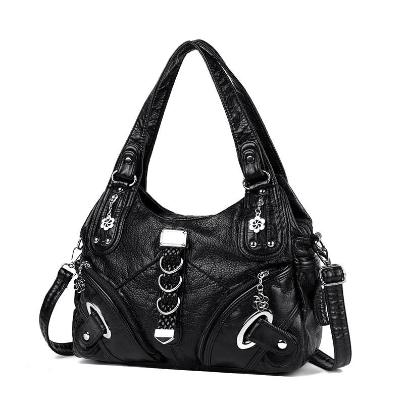 Women's large capacity washed leather handbag in soft PU with horizontal square shape and multi compartment interior