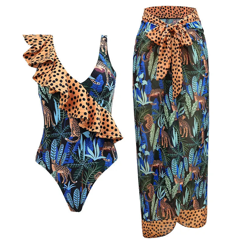 Women's solid colour one-piece swimsuit with spaghetti straps and a separate skirt.
