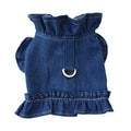 Blue denim pet dress with ruffles and integrated vest harness for dogs or cats