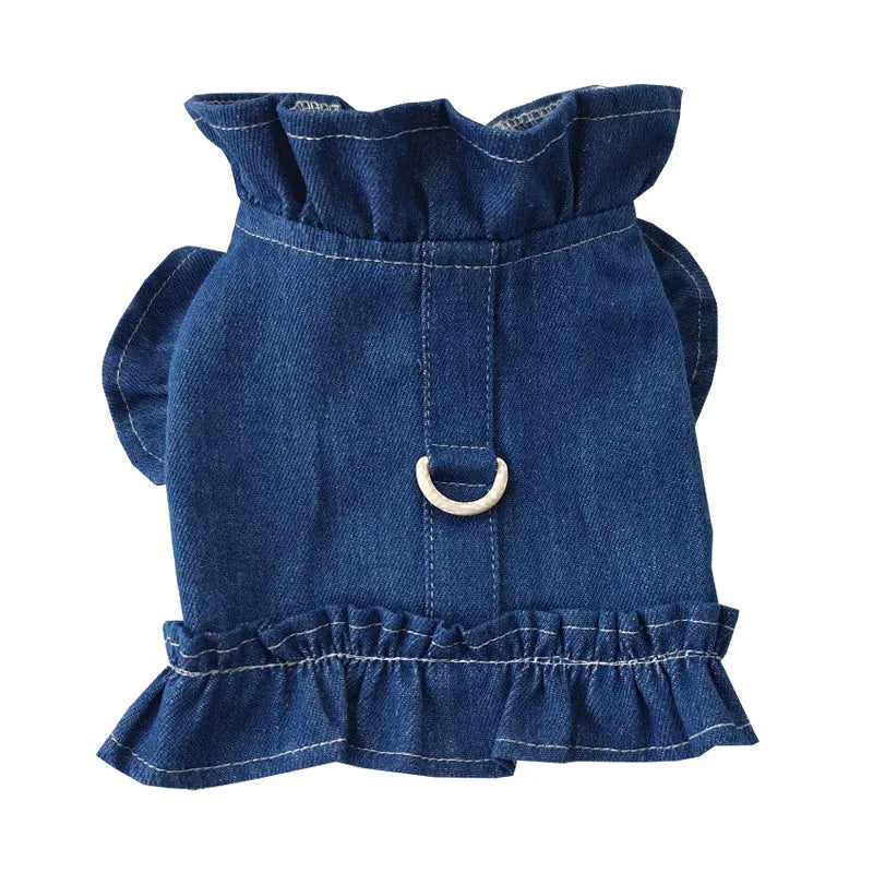 Blue denim pet dress with ruffles and integrated vest harness for dogs or cats