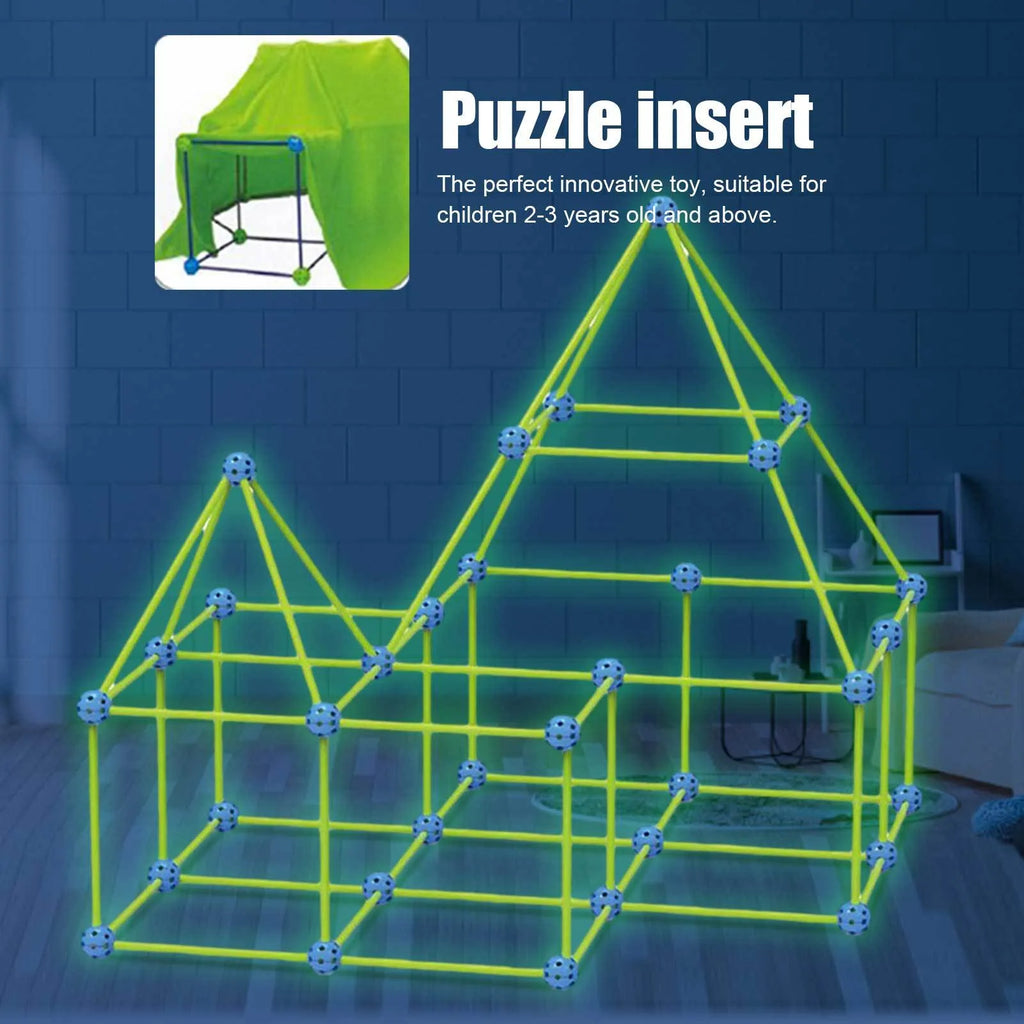 Luminous plastic fort building kit for kids with connecting sticks, balls, and storage bag.