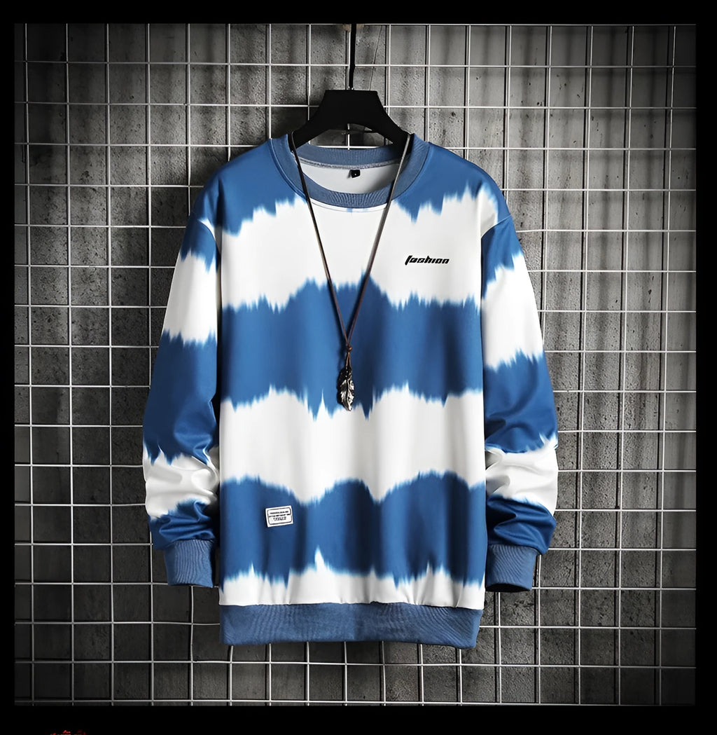Two-tone tie-dye plus size loose casual men's sweater in yellow, round neck, long sleeves