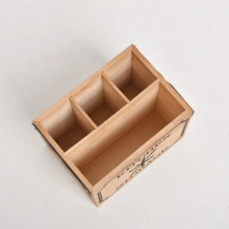 Wooden kitchen storage box with grid dividers for knives, forks and chopsticks